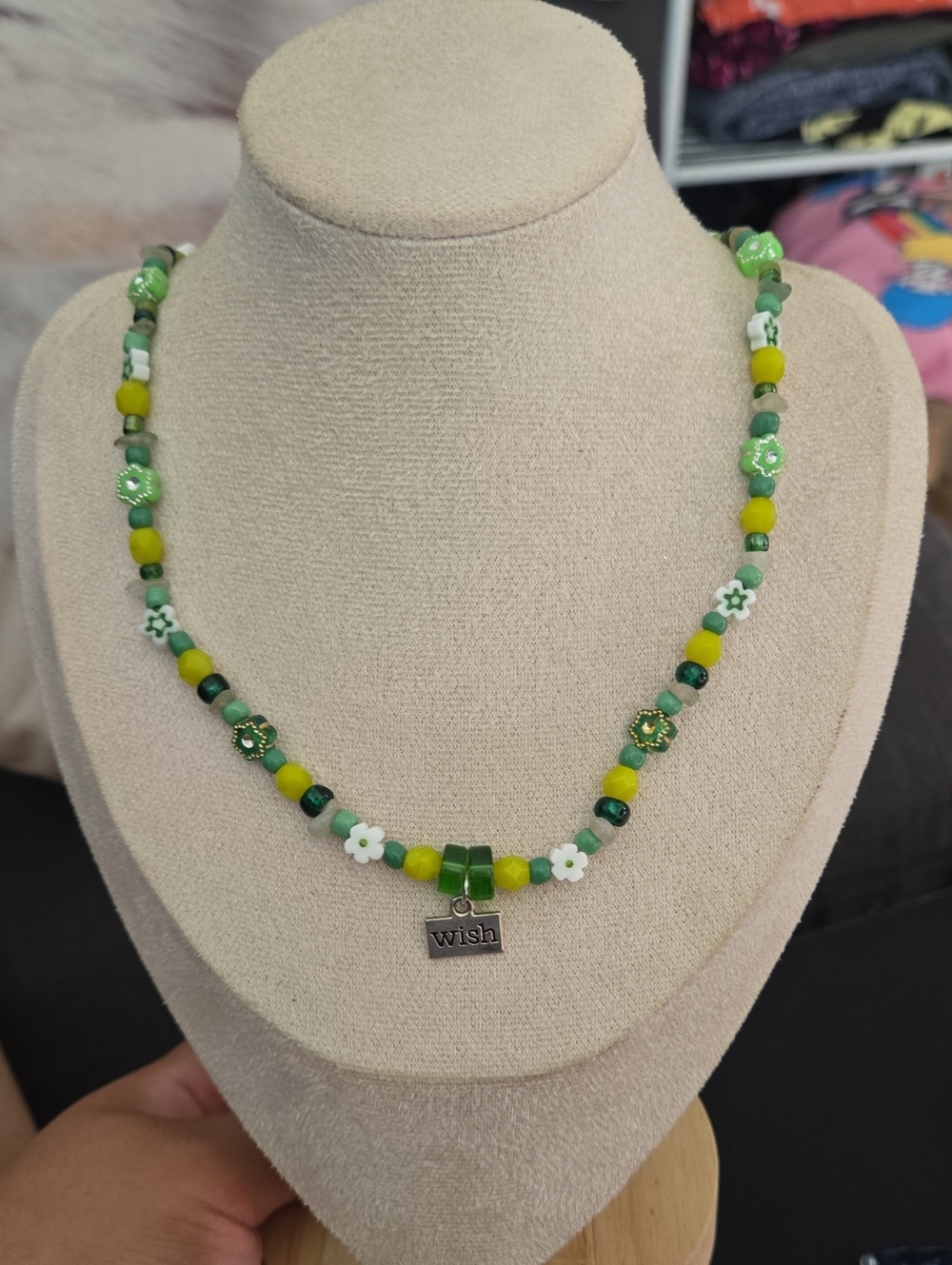 Handmade Green & Yellow Beaded Necklace with 'Wish' Charm